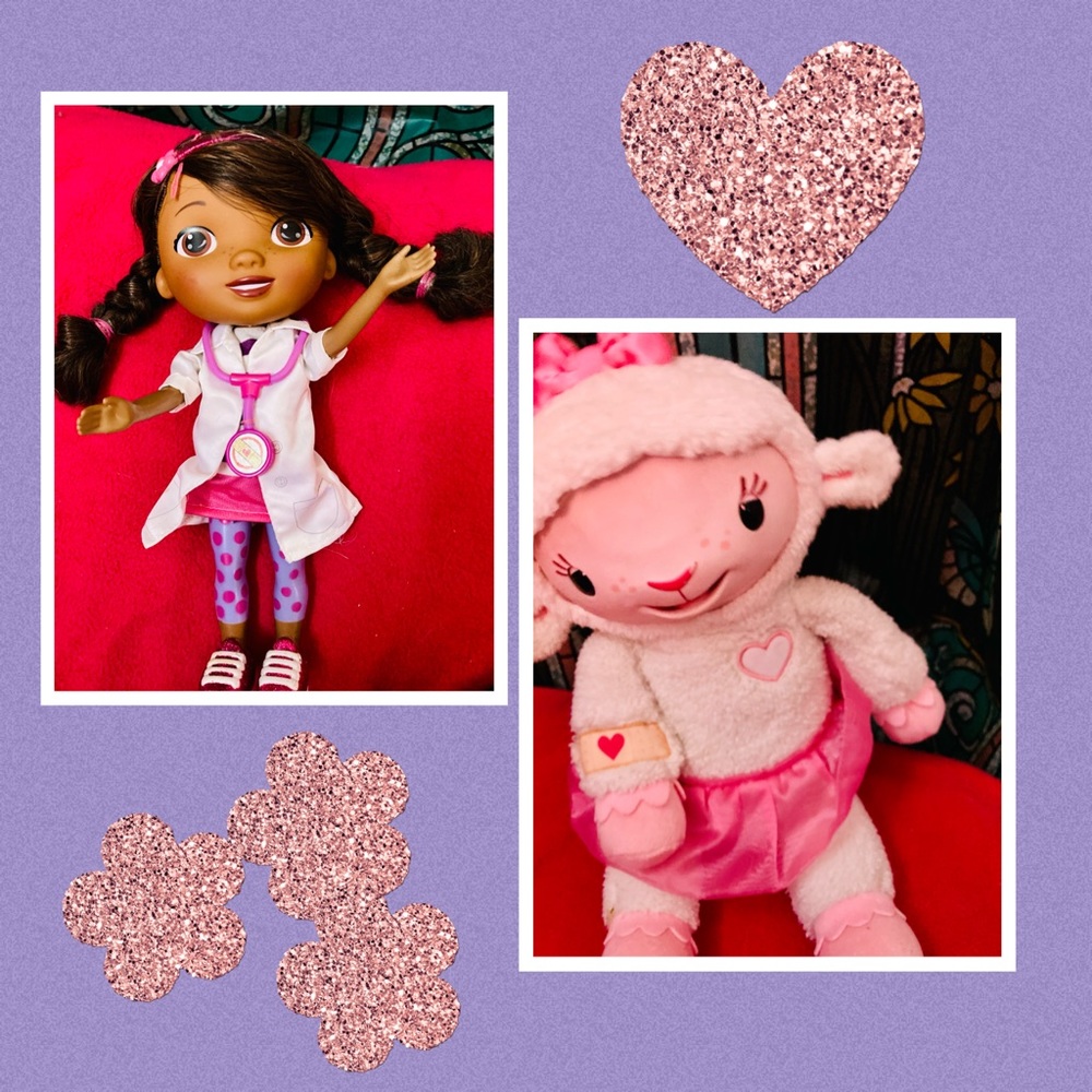 Doc McStuffins doll and large Lambie toy.